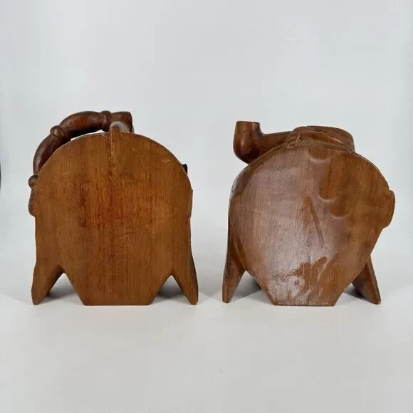 Vintage MCM Hand Carved Solid Wood Tribal Head Bookends Pair 7”